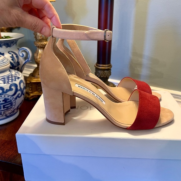 EUC Manolo Blahnik Lauratomod Velukid Block Heel Sandals Tan Rusty Red 38 or 8 - Picture 3 of 10